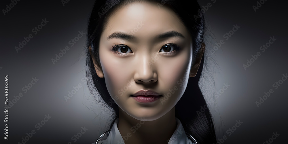 asian young woman with crystal clear beautiful eyes, dressed with a doctor suit