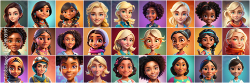 Female avatar set. Collection of portraits of women cartoon characters. Various nationality. African American, redhead, blonde, brunette, illustration in cartoon style, - Post-processed Generative AI