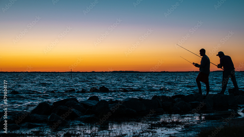 Silhouette of people fishing on the coast at sunset