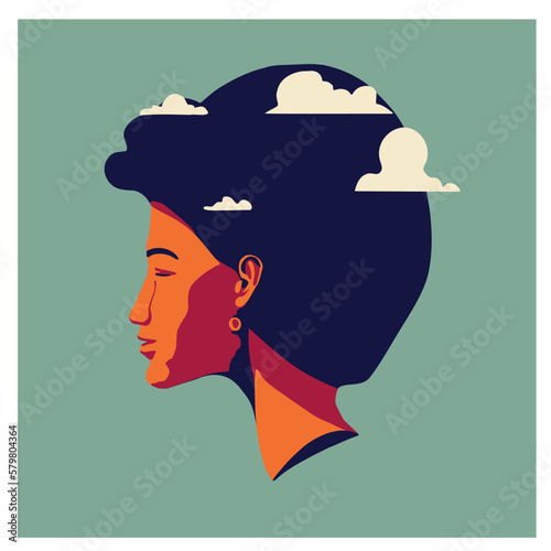 A portrait of a black woman from the side. Vector minimalist style. Only the head. Small earrings. Afro hair. Young and attractive. clouds in the head