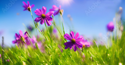 Beautiful violet flowers, spring time, field with green grass and sunny blue sky. Created with Generative AI