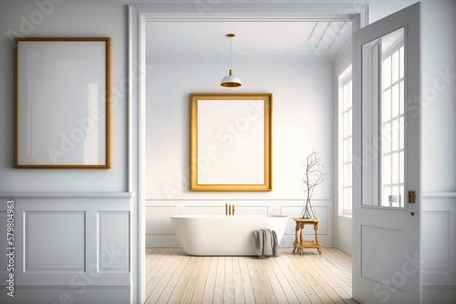 bath room  large blank frame  light wood frame  white minimal style inside studio  white walls  overexposed  interior design idea - Generative AI