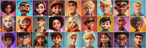 Set of avatars of happy people of different races and ages. Portraits of men and women and children. Human Emotions. Illustration in cartoon style, - Post-processed Generative AI