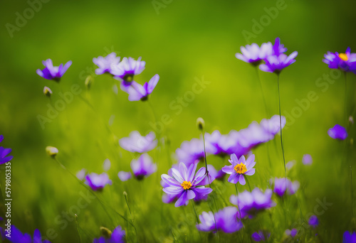 Beautiful violet flowers, spring time, field with green grass and sunny blue sky. Created with Generative AI