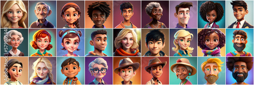 Set of avatars of happy people of different races and ages. Portraits of men and women and children. Human Emotions. Illustration in cartoon style, - Post-processed Generative AI © Esi