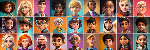 Set of avatars of happy people of different races and ages. Portraits of men and women and children. Human Emotions. Illustration in cartoon style, - Post-processed Generative AI