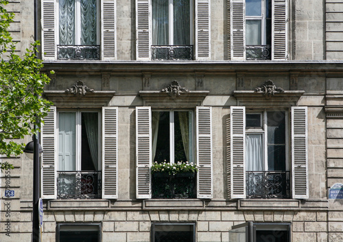 Paris ancient stone building facade with three rows of French windows with white wooden shutters, rich stucco fretwork, small wrought iron balconies, street lamp and tree branches on the left