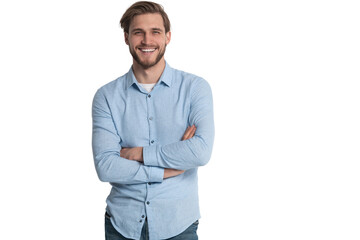 Portrait of a smart young man standing against transparent background