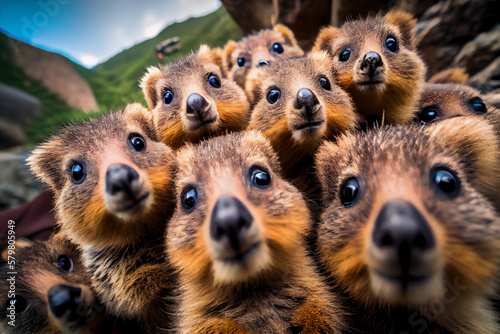 Highly defined macrophotography selfie of a group of Quokkas huddled together taking a group selfie on top of Zhangjiajie mountains generatuve ai