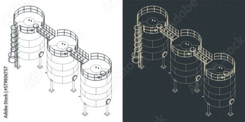 Fermentation stainless steel tanks isometric blueprints