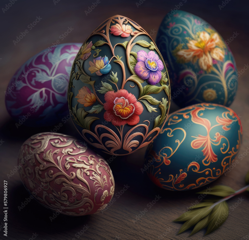 Ostereier zum Osterfest, Bemalte und verzierte Eier, generative KI Ostereier zum Osterfest, Bemalte und verzierte Eier, generative KI
