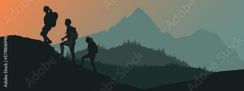 Silhouette of hikers mountains forest woods in the morning, landscape panorama illustration icon vector for logo, hike hiking adventure travel background