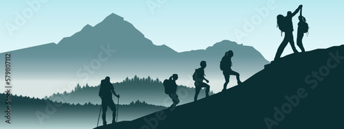 Silhouette of hikers group mountains forest woods in the morning, landscape panorama illustration icon vector for logo, hike hiking adventure travel background