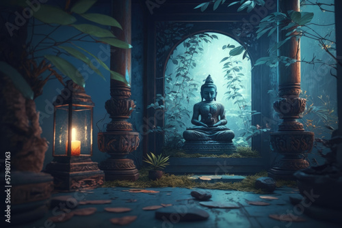 Meditation space: Blue jungle interior with Buddha, bonsai, and other stuff in a calm atmosphere | Generative AI Production