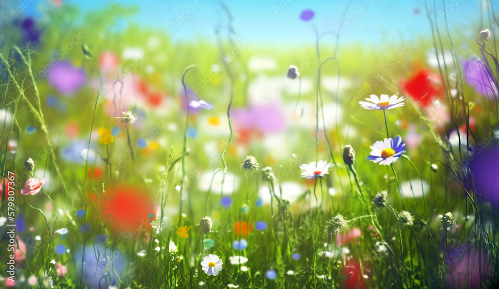 Fresh blooming spring colorful flowers background in a sunny day in the field. A macro spring concept.. Generative AI
Fresh blooming spring colorful flowers background in a sunny day in the field. A macro spring concept.. Generative AI