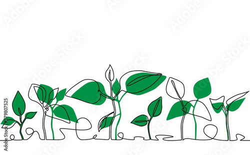 Growing Plants. Background with seedling.  Seamless Pattern that repeating horizontally. Continuous line drawing style of green sprouts. Vector illustration.