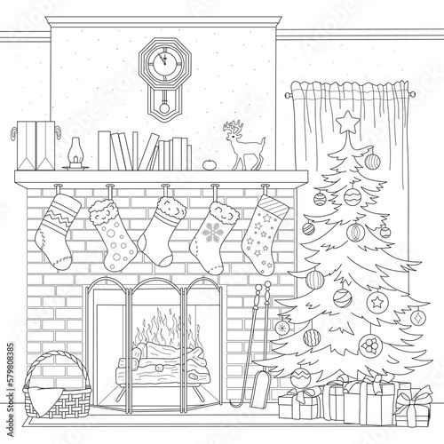 Christmas interior. Fireplace, Christmas tree, gifts. Vector black and white illustration. Coloring book for adults.