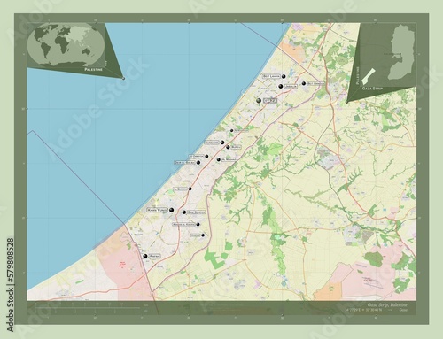 Gaza Strip, Palestine. OSM. Labelled points of cities
