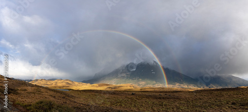 Rainbow over Torres del Paine National Park, Chile, South America - Panorama