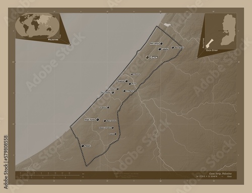 Gaza Strip, Palestine. Sepia. Labelled points of cities photo