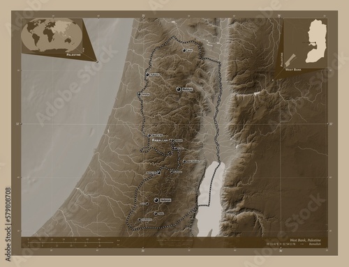 West Bank, Palestine. Sepia. Labelled points of cities photo