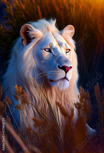 Highly defined realistic superb albino white lion  blue eyes  albino  white hair  in the plains  grass  vegetation  Generative AI