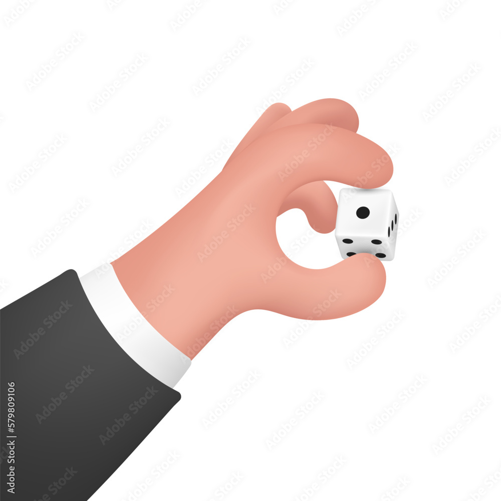 Casino dice in human hand isolated 3d vector illustration for gambling games design, craps, tabletop or board games. White cubes with random numbers of black dots or pips and rounded edges Casino dice in human hand isolated 3d vector illustration for gambling games design, craps, tabletop or board games. White cubes with random numbers of black dots or pips and rounded edges