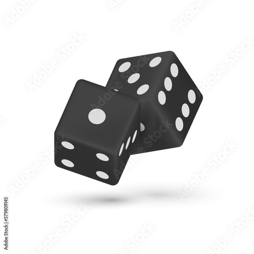 Casino realistic dice isolated 3d  vector illustration for gambling games design, craps, tabletop, board games. Black cubes with random numbers of white dots or pips and rounded edges