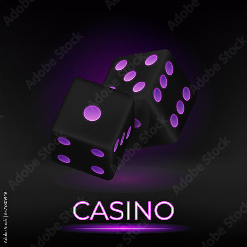 Casino realistic glowing dice 3d  vector illustration for gambling games design, craps, tabletop, board games. Black cubes with neon purple dots.