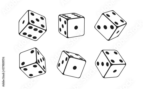 Casino flat dice set isolated vector illustration for gambling games design, tabletop or board games craps and poker. White cubes with random numbers of black dots or pips and rounded edges
