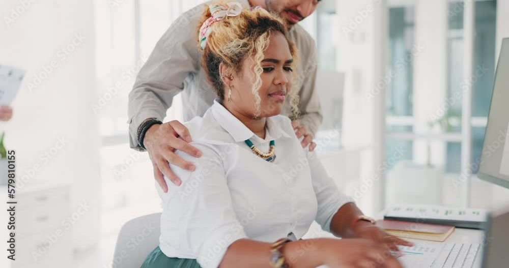 Stress, fear and sexual harassment of woman at office worried and uncomfortable with touch of coworker. Anxiety of girl disgusted, scared and confused with harassment of accounting man at workplace.