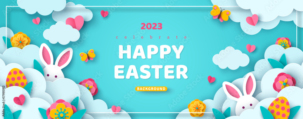 Horizontal banner with paper cut clouds, rabbit, eggs and hearts, blue sky background, papercut craft art. Place for text. Happy Easter day sale concept, voucher template with square frame. - obrazy, fototapety, plakaty 