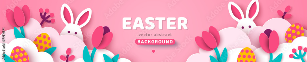 Easter long banner card, bunny rabbit, eggs tulips and white clouds, spring border frame. Modern concept pink background. Vector illustration. Place for text. Hare head with ears, paper cut header. Easter long banner card, bunny rabbit, eggs tulips and white clouds, spring border frame. Modern concept pink background. Vector illustration. Place for text. Hare head with ears, paper cut header.