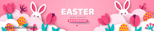 Photography Easter long banner card, bunny rabbit, eggs tulips and white clouds, spring border frame
