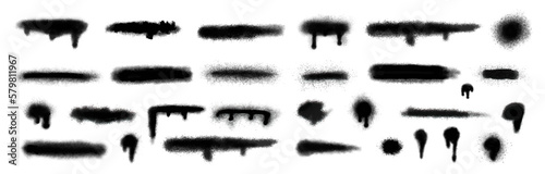 Paint splash set, spray elements for decor, black drip. Abstract flow splatter, ink marker squares and lines, grunge stain, vandalism art. Aerosol brushstrokes. Vector recent shape templates