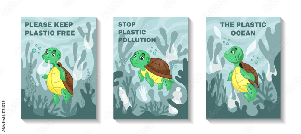 Sea turtle print, animal in trash. Stop water pollution posters. Ocean eco mascot, rubbish plastic garbage, environment, aqua and marine protection. Vector tidy creative ecology banners set