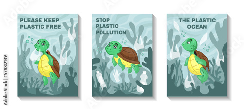 Sea turtle print, animal in trash. Stop water pollution posters. Ocean eco mascot, rubbish plastic garbage, environment, aqua and marine protection. Vector tidy creative ecology banners set
