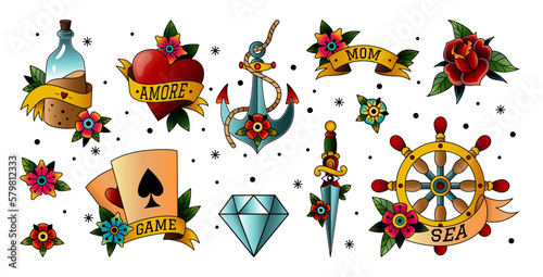 Old school nautical tattoo, love symbols. Sailor helm and bottle, traditional flowers and flash, mom in heart. diamond and anchor, playing cards. Isolated elements set, vector tidy retro design
