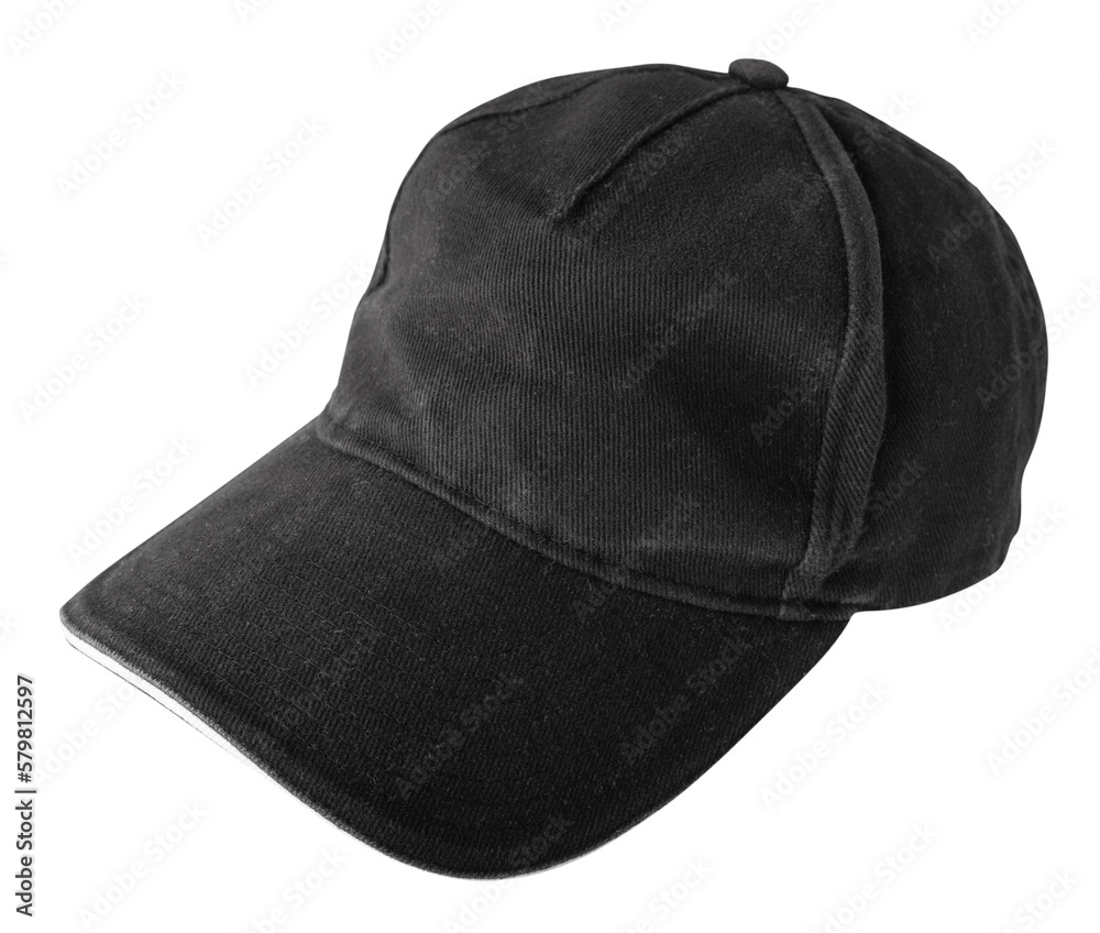Black baseball cap on a transparent background. The concept of sportswear and equipment. Isolated object for design Black baseball cap on a transparent background. The concept of sportswear and equipment. Isolated object for design
