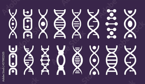 Dna pictograms, genetic medical elements. Colorful human gene structure, microbiology molecular code. Genes spiral chain different forms. Microbiology line logo. Vector tidy chemistry icons