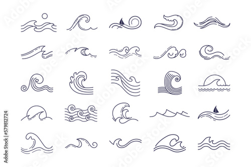 Simple sketch wave  sea icons. Doodle ocean curls  sketch sailing elements  line silhouettes. Minimalist logotype template. Outline marine company logo. Vector current cartoon illustration