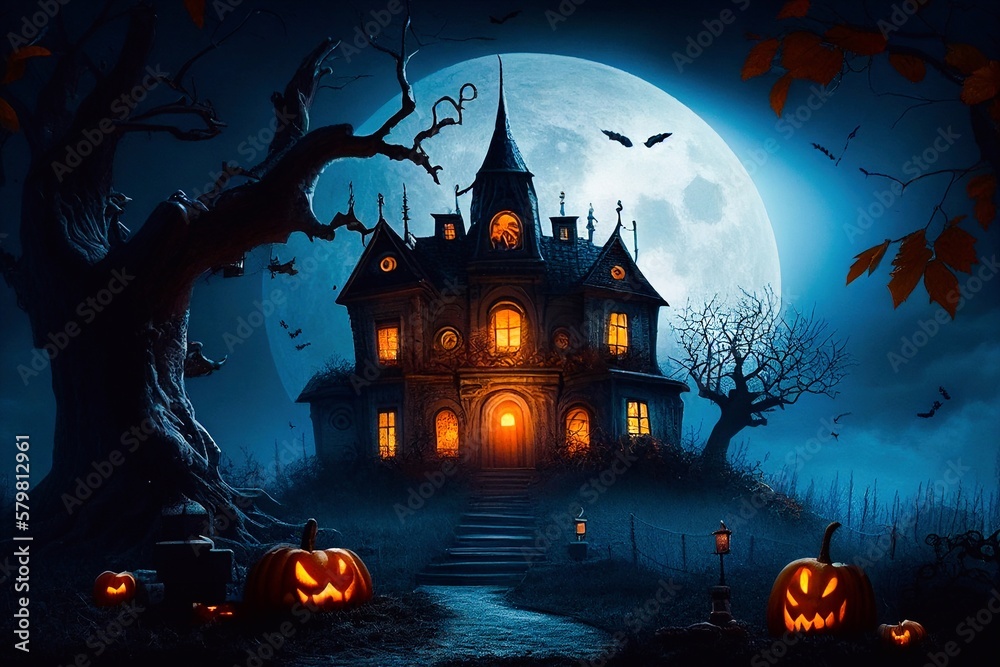 Halloween background. Spooky pumpkin with moon and dark forest. castle Generative AI