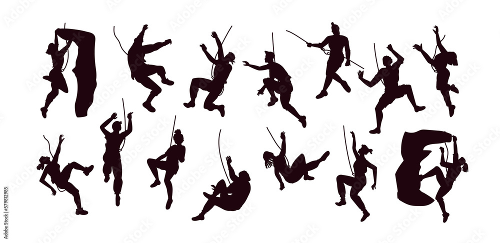 Climber black silhouettes. Rock climb wall. Danger mountain adventures. Male on extreme cliff. Freedom activity. Bouldering training. Mountaineer exercises. Vector exact illustration set