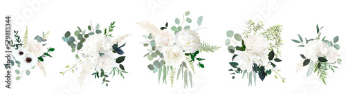 Fotografie, Obraz Classic white peony, hydrangea, anemone and rose flowers, eucalyptus, fern