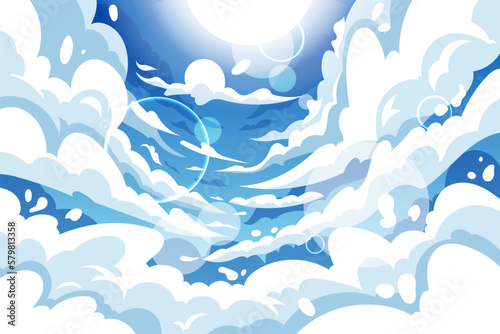 Cartoon sky, clouds panoramic, backdrop for kid game. Blue cloudy anime art scene, summer and sunny air heaven, baby bright style elements. Natural cloudscape, vector garish background