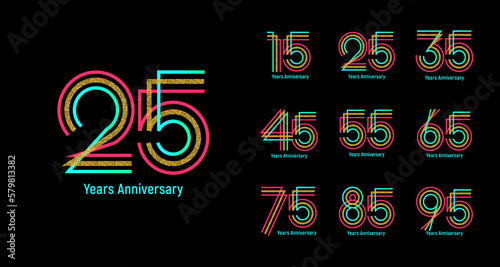 25th anniversary set 15 25 35 45 55 65 75 85 95 vector template. Designs for birthday celebration, greeting card and invitation card.