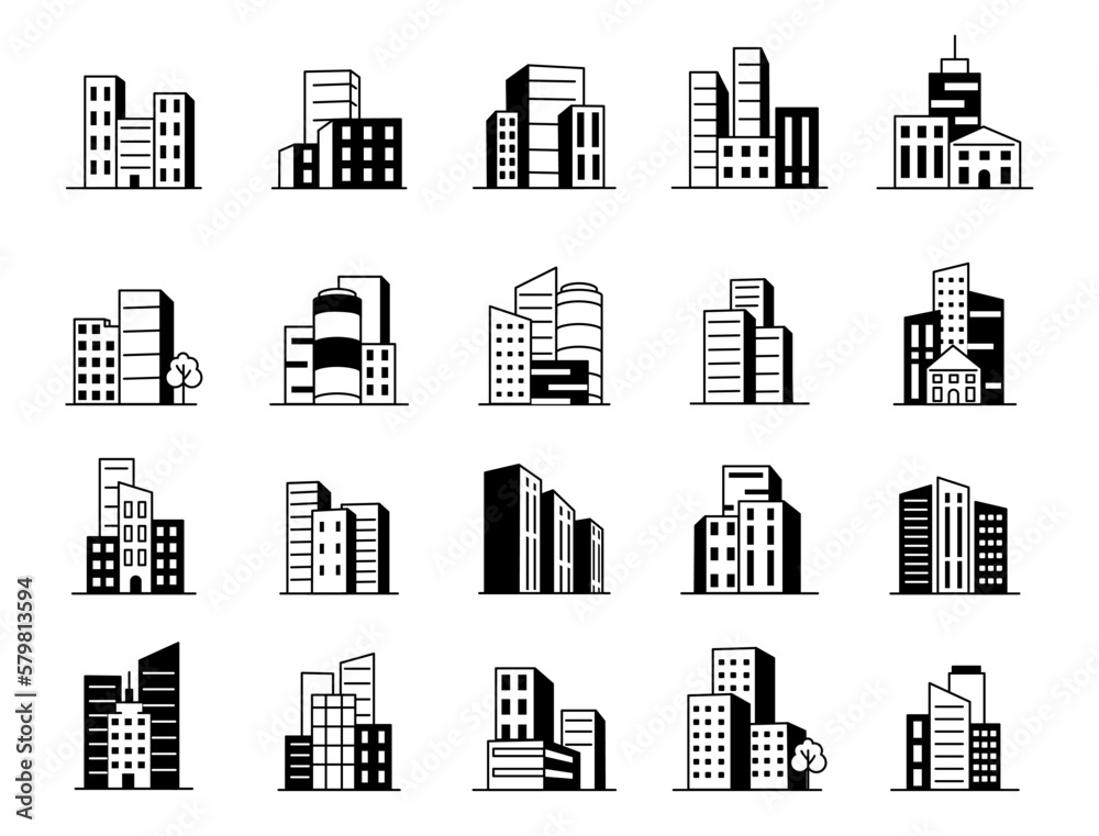 Office building, city apartments icons. Tree, condo and government silhouettes, hospital and development. Downtown panorama. Logotype design, real estate logo. Vector recent flat illustration