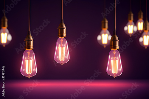 Background for a product presentation with many hanging long bulbs with a beautiful glow on a calm, muted pink-purple background. 