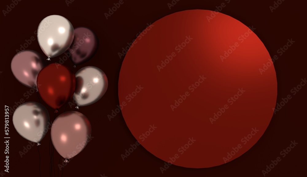 Birthday dark red background with balloons and a circle for text. 