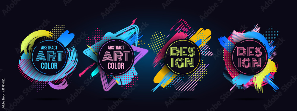 Music invitation, dance posters, brush painted. Stylish royal colors, business graphic design, colourful cards. Round frames with copy space. Trendy logo design vector current abstract background - obrazy, fototapety, plakaty 
